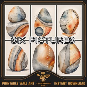 Des pierres de style bohème. 6 aquarelles numériques contemporaines du milieu du siècle - Art mural imprimable, décoration d'intérieur