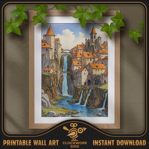 Ville médiévale avec cascade. Peinture numérique de paysages fantastiques à l'aquarelle - haute résolution, art mural imprimable détaillé, décoration d'intérieur