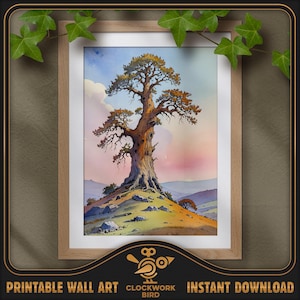 Chêne centenaire. Peinture numérique de paysage à l'aquarelle - haute résolution, art mural imprimable détaillé, décoration d'intérieur