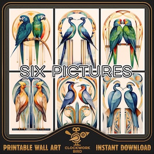 Pájaros de estilo Art Nouveau. 6 piezas de acuarelas digitales geométricas contemporáneas de mediados de siglo - Arte de pared imprimible, decoración del hogar