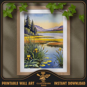 Lac avec des fleurs d'iris. Peinture numérique de paysage à l'aquarelle - haute résolution, art mural imprimable détaillé, décoration d'intérieur