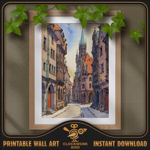Paysage urbain médiéval en France. Peinture numérique de paysages fantastiques à l'aquarelle - haute résolution, art mural imprimable détaillé, décoration d'intérieur