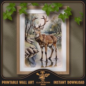 Animaux des bois - Cerf. Peinture numérique de la nature à l'aquarelle - haute résolution, art mural imprimable détaillé, décoration d'intérieur