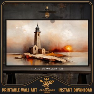 May include: A painting of a lighthouse on a rocky island with a sunset in the background. The lighthouse is white with a black roof and a red door. The water is calm and blue, and the sky is a mix of orange, pink, and purple.