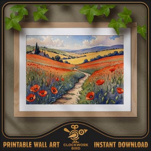 Champ de coquelicots. Peinture numérique de paysage à l'aquarelle - haute résolution, art mural imprimable détaillé, décoration d'intérieur