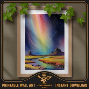 Aurora Borealis 2, luces del norte. Pintura digital de paisaje en acuarela. Arte mural imprimible detallado de alta resolución, decoración del hogar