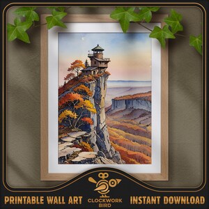 Tour de guet sur la falaise. Peinture numérique de paysage à l'aquarelle - haute résolution, art mural imprimable détaillé, décoration d'intérieur