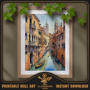 Paysage urbain médiéval de Venise, Italie. Peinture numérique de paysages fantastiques à l'aquarelle - haute résolution, art mural imprimable détaillé, décoration d'intérieur