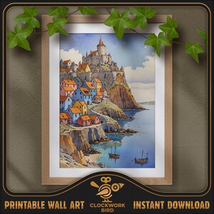 Ville côtière de fort. Peinture numérique de paysages fantastiques à l'aquarelle - haute résolution, art mural imprimable détaillé, décoration d'intérieur