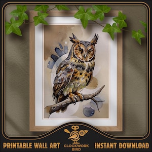 Animaux des bois - Chouette. Peinture numérique de la nature à l'aquarelle - haute résolution, art mural imprimable détaillé, décoration d'intérieur
