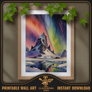 Aurore boréale 5, aurores boréales. Peinture numérique de paysage à l'aquarelle - haute résolution, art mural imprimable détaillé, décoration d'intérieur