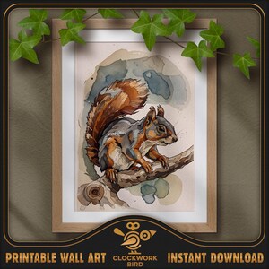 Animaux des bois - Écureuil. Peinture numérique de la nature à l'aquarelle - haute résolution, art mural imprimable détaillé, décoration d'intérieur