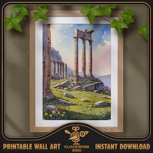 Ruines d'un temple romain antique. Peinture numérique de paysage à l'aquarelle - haute résolution, art mural imprimable détaillé, décoration d'intérieur
