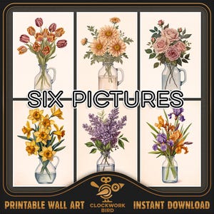 Bouquets de fleurs de style bohème. 6 aquarelles numériques contemporaines du milieu du siècle - Art mural imprimable, décoration d'intérieur