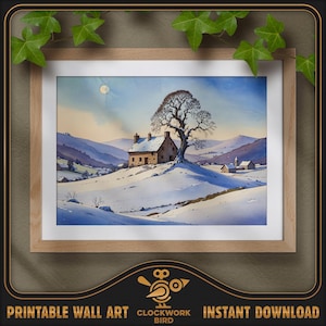 Noyer en hiver. Peinture numérique de paysage à l'aquarelle - haute résolution, art mural imprimable détaillé, décoration d'intérieur