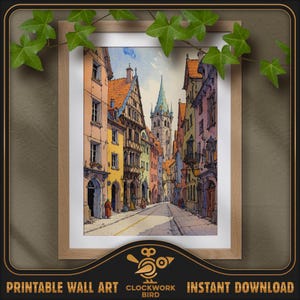 Paysage urbain médiéval en Allemagne. Peinture numérique de paysages fantastiques à l'aquarelle - haute résolution, art mural imprimable détaillé, décoration d'intérieur