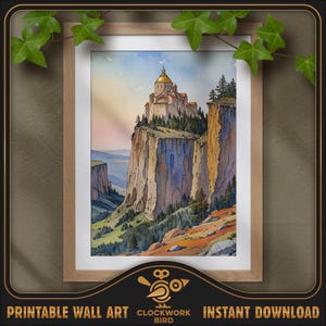 Ancien monastère. Peinture numérique de paysage à l'aquarelle - haute résolution, art mural imprimable détaillé, décoration d'intérieur