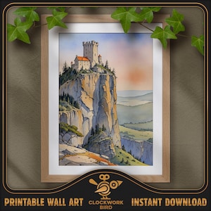 Bastion médiéval sur la falaise. Peinture numérique de paysage à l'aquarelle - haute résolution, art mural imprimable détaillé, décoration d'intérieur