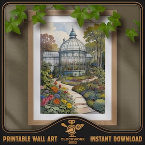 Serre vintage. Peinture numérique de paysages fantastiques à l'aquarelle - haute résolution, art mural imprimable détaillé, décoration d'intérieur