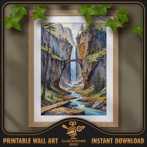Cascada bajo el puente. Pintura digital de paisaje en acuarela. Arte mural imprimible detallado y de alta resolución. Decoración del hogar.