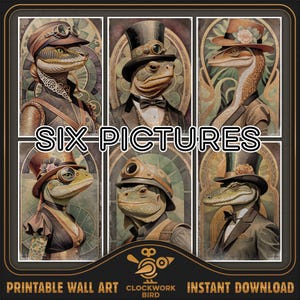 Lot d'animaux steampunk - reptiles. 6 pièces, aquarelles numériques de divers animaux - Art mural imprimable, décoration d'intérieur