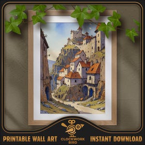 Ville médiévale forte de colline. Peinture numérique de paysages fantastiques à l'aquarelle - haute résolution, art mural imprimable détaillé, décoration d'intérieur