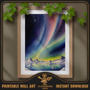 Aurore boréale 4, aurores boréales. Peinture numérique de paysage à l'aquarelle - haute résolution, art mural imprimable détaillé, décoration d'intérieur