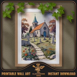 Ancienne chapelle avec cimetière. Peinture numérique de paysages fantastiques à l'aquarelle - haute résolution, art mural imprimable détaillé, décoration d'intérieur
