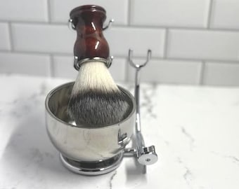 Shave Brush & Bowl Kit w/ Razor Holder/ 3-in-1 Wet Shaving Set/ Synthetic Brush, Stainless Steel Stand/Shave and a Haircut Soap