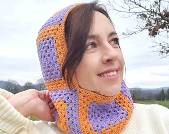 lilac and orange balaclava, crochet ski mask, knit balaclava, balaclava hat, balaclava knit