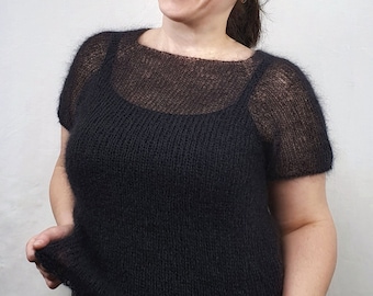 Black mohair short sleeve pullover, soft mohair sweater, knitted jumper