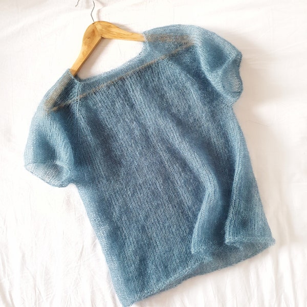 Pullover a maniche corte in mohair blu, maglione in mohair morbido, maglione lavorato a maglia