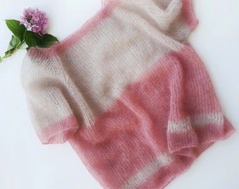 Pull en mohair beige pour femme, pull en tricot rose, pull à rayures