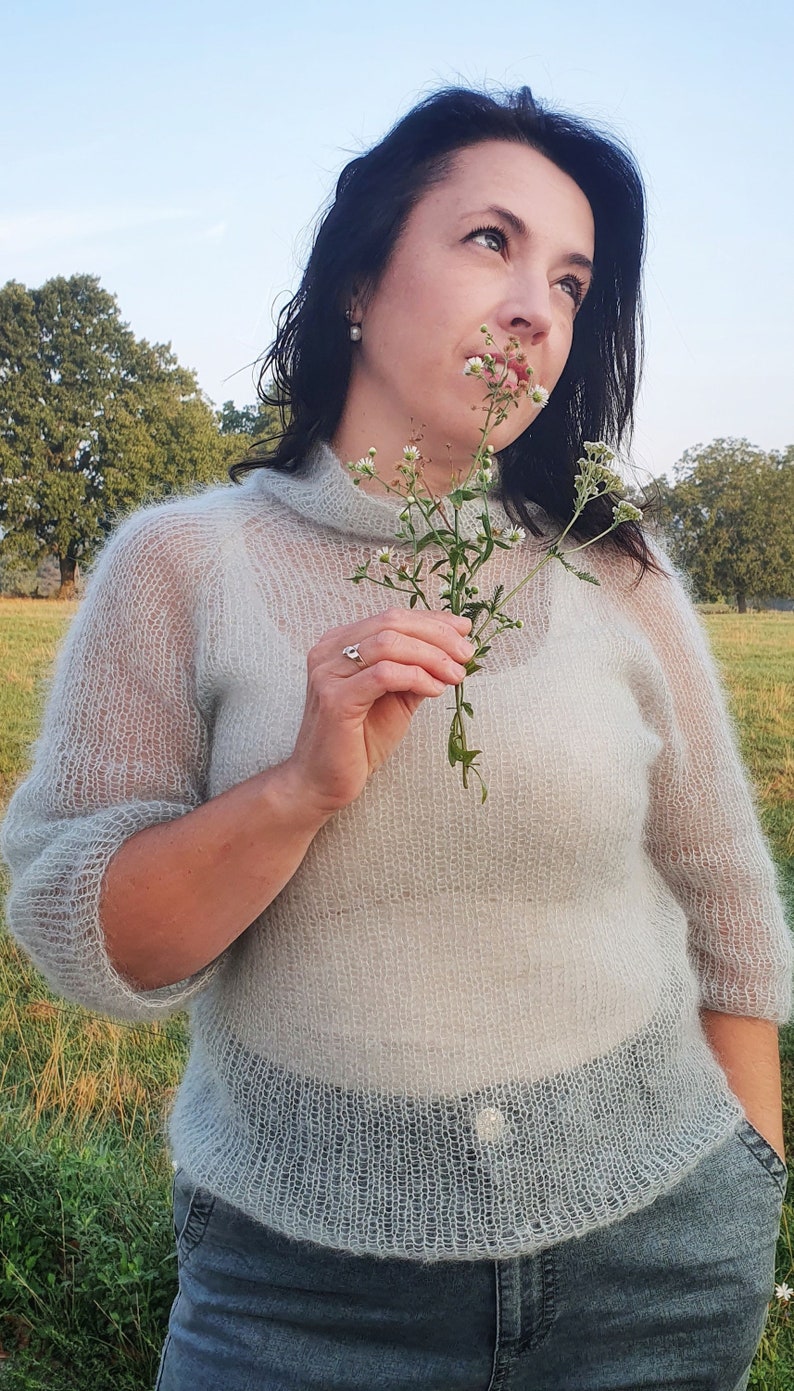 Mint mohair sweater, turtleneck sweater, three quarter sleeve, mohair pullover, sexy sweater,christmas gift for mom image 3