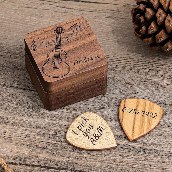 Custom Wooden Picks with Case-Personalized Pick Holder, Musician Box-Father's Day, Christmas, Birthday Gift for Guitarists