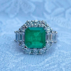 4.50 CT Green Demantoid Green Asscher Cut Diamond Vintage Style 1920's Retro Vintage Halo Ring, Art Deco Gift Ring in 935 Aregtnium Silver