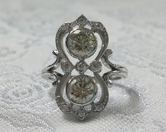 Anillo de bisel de dos piedras, anillo de diamantes simulado de corte redondo blanco de 2 quilates, anillo de estilo antiguo, anillo de plata de ley vintage, anillo de compromiso para mujeres