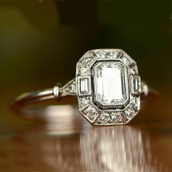 Antique Art Deco Engagement Ring Retro Vintage Halo Ring Bezel White Emerald Diamond Edwardian Ring in 935 Argentium Silver Women's Jewelry