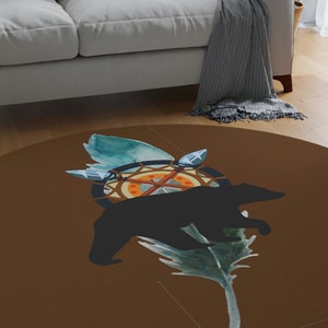 Bear Crest Blue Feather Round Rug Hunter Wildlife Decor Indigenous Design First Nations Spirit Animal Western