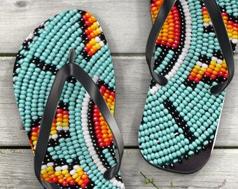 Blaue Perlenarbeit Flip Flops USA Orange Schwarz indigenen Ureinwohner Amerikas
