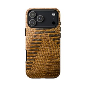 May include: A smartphone case featuring a textured, woven-style pattern in shades of brown and dark charcoal. The back of the case displays a repeating grid design with a rectangular camera module at the top containing three circular lenses.