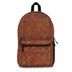May include: A brown woven backpack with a zippered front pocket and adjustable straps.