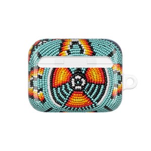 May include: A turquoise, orange, and yellow beaded AirPod case. The case features a central circular design with a white loop for attachment. The case is covered in small beads, creating a textured surface.