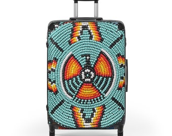 May include: A turquoise, orange, and black patterned suitcase with a beaded design. The suitcase has a retractable handle and four wheels.