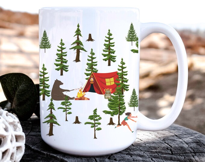 Funny Camping mug Bear roasting marshmallows in woods at camp site, funny hiking mug, humor camping mug, funny mug, woman hike