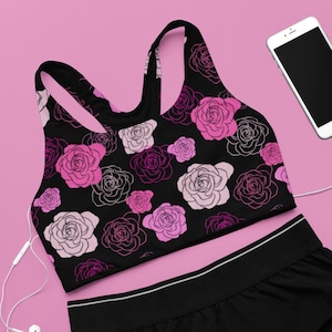 Floral Pink and Black Padded Sports Bra, Fully Lined Bra for Women & Teens, Modern Flower Pattern, Athletic Sports Bra, Workout Bra Gift
