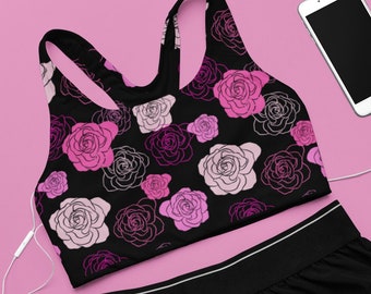 Floral Pink and Black Padded Sports Bra, Fully Lined Bra for Women & Teens, Modern Flower Pattern, Athletic Sports Bra, Workout Bra Gift