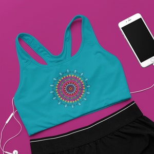Mandala Seamless Sports Bra in Turquoise & Pink, Exercise Bra for Women and Teens, Stretchy Workout Bra, Athletic Racerback Style, Yoga Top