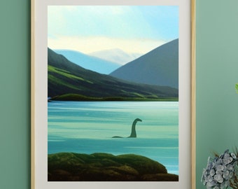 Loch Ness Monster Scotland Vintage Style Digital Wall Art Print Lochness Monster Printable Digital Download 3 Sizes LochNess Monster Cryptid
