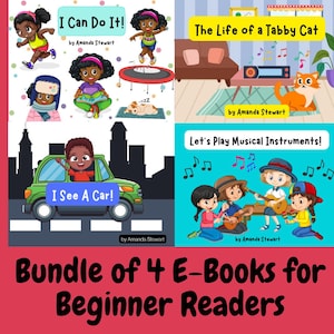 Może przedstawiać: Zestaw czterech kolorowych e-booków dla dzieci dla początkujących czytelników. Tytuły to "Potrafię!", "Widzę samochód!", "Życie kota pręgowanego" i "Grajmy na instrumentach muzycznych!" Każda książka zawiera ilustracje dzieci i zwierząt.